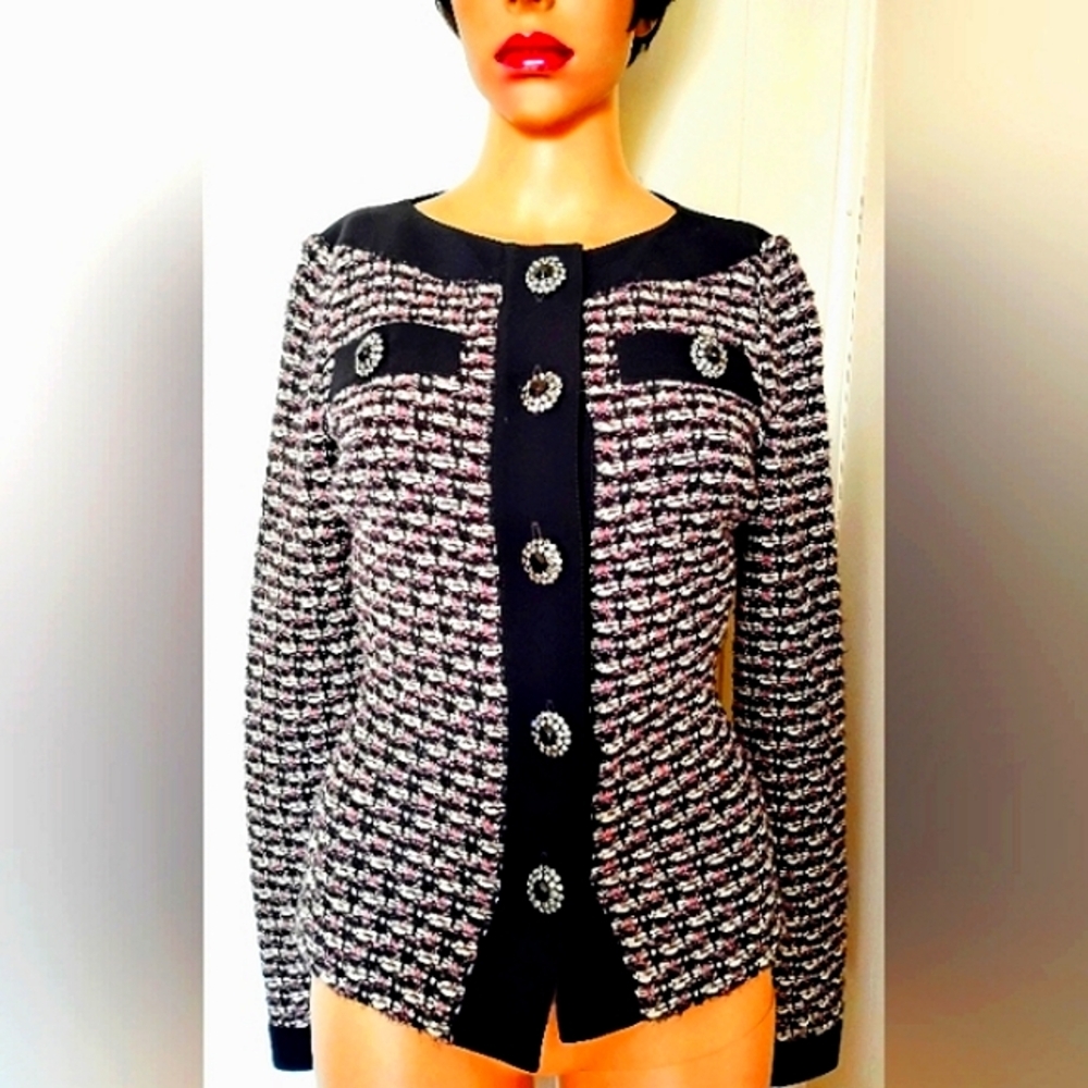 ST JOHN 2-6 BLACK PURPLE TWEED BOUCLE BLACK EYELASH METALLIC KNIT CRYSTAL JACKET